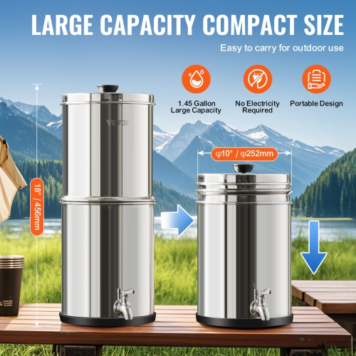 VEVOR 1.5G Gravity-fed Water Filter System, 304 Stainless-Steel Countertop System, Reduces Lead and up to 99% of Chlorine, with 2 Carbon Filters &
