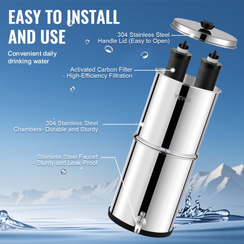 VEVOR 1.5G Gravity-fed Water Filter System, 304 Stainless-Steel Countertop System, Reduces Lead and up to 99% of Chlorine, with 2 Carbon Filters &