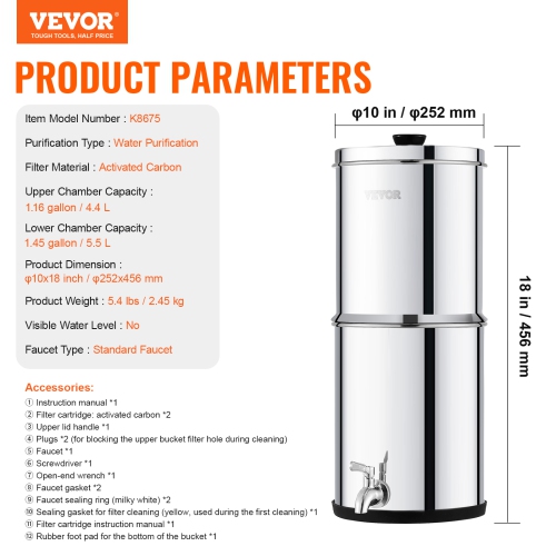 VEVOR 1.5G Gravity-fed Water Filter System, 304 Stainless-Steel Countertop System, Reduces Lead and up to 99% of Chlorine, with 2 Carbon Filters &