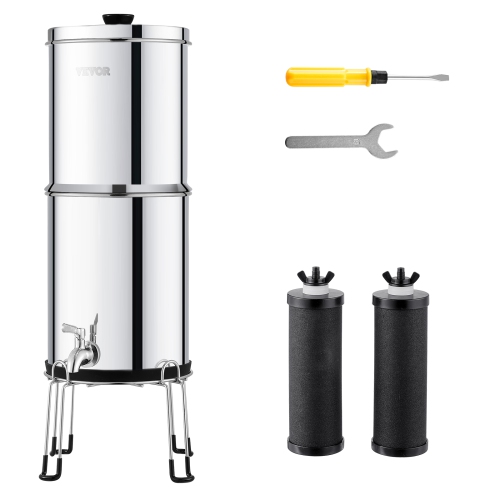 VEVOR 2.25G Gravity-fed Water Filter System, 304 Stainless-Steel, Reduces Lead and up to 99% of Chlorine, with 2 Carbon Filters/Spigot/Stand, for