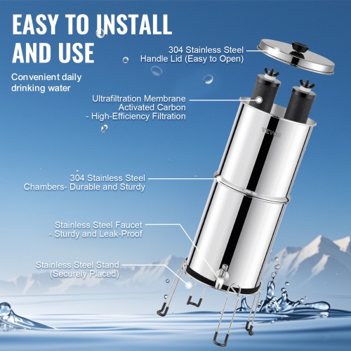 VEVOR 2.25G Gravity-fed Water Filter System, 304 Stainless-Steel, Reduces Lead and up to 99% of Chlorine, with 2 Carbon Filters/Spigot/Stand, for