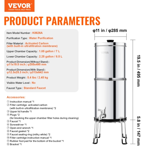 VEVOR 2.25G Gravity-fed Water Filter System, 304 Stainless-Steel, Reduces Lead and up to 99% of Chlorine, with 2 Carbon Filters/Spigot/Stand, for