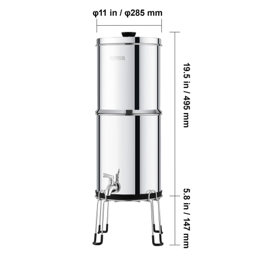 VEVOR 2.25G Gravity-fed Water Filter System, 304 Stainless-Steel, Reduces Lead and up to 99% of Chlorine, with 2 Carbon Filters/Spigot/Stand, for