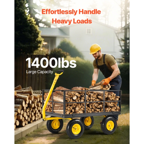 VEVOR 1400 Lbs Steel Garden Cart, Heavy Duty Pullable, 2 in 1 Outdoor Metal Utility Wagon Yard Trailer with 13" All Terrain Tires, Mesh Removable