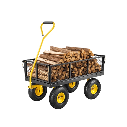 VEVOR 500 Lbs Steel Garden Cart, Heavy Duty Cart Pullable on Wheels, Metal Yard Utility Wagon Carts with 10" All Terrain Tires, Mesh Removable Sides