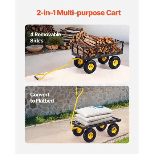VEVOR 500 Lbs Steel Garden Cart, Heavy Duty Cart Pullable on Wheels, Metal Yard Utility Wagon Carts with 10" All Terrain Tires, Mesh Removable Sides