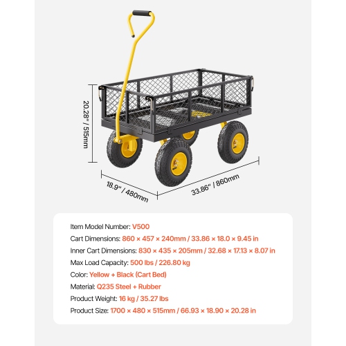 VEVOR 500 Lbs Steel Garden Cart, Heavy Duty Cart Pullable on Wheels, Metal Yard Utility Wagon Carts with 10" All Terrain Tires, Mesh Removable Sides