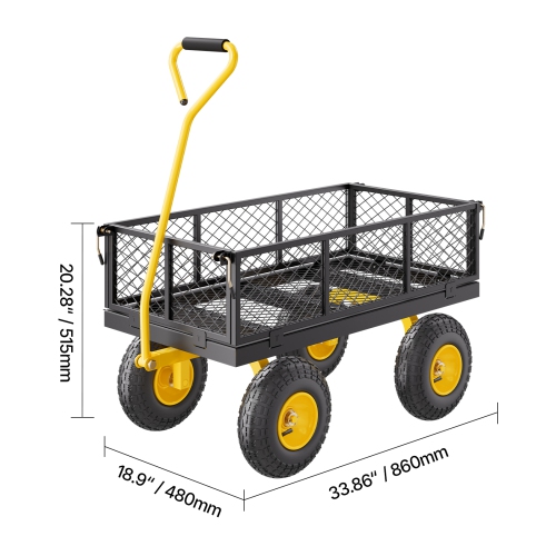VEVOR 500 Lbs Steel Garden Cart, Heavy Duty Cart Pullable on Wheels, Metal Yard Utility Wagon Carts with 10" All Terrain Tires, Mesh Removable Sides