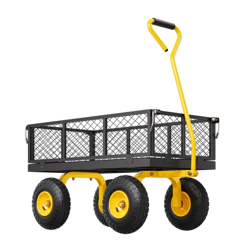 VEVOR 500 Lbs Steel Garden Cart, Heavy Duty Cart Pullable on Wheels, Metal Yard Utility Wagon Carts with 10" All Terrain Tires, Mesh Removable Sides