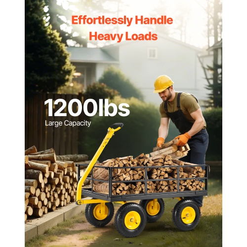 VEVOR 1200 Lbs Steel Garden Cart, Heavy Duty Pullable, 2 in 1 Outdoor Metal Utility Wagon Yard Trailer with 13" All Terrain Tires, Mesh Removable