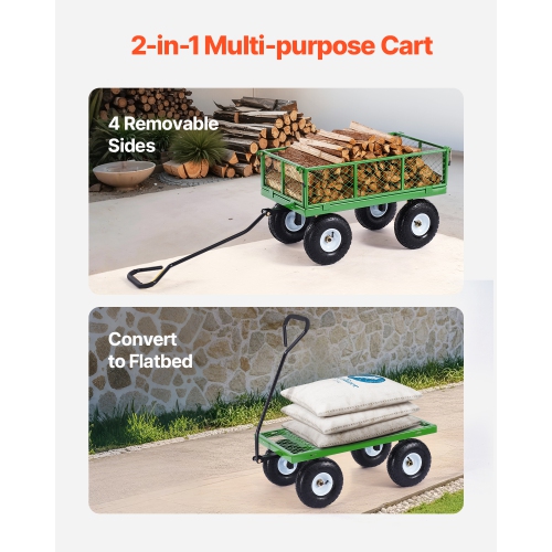 VEVOR 680lbs Steel Garden Cart on Wheels, Heavy Duty Cart Pullable, Metal Outdoor Utility Yard Wagon Carts with 10" Tires, Mesh Removable Sides and