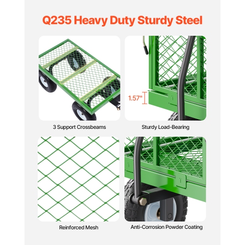 VEVOR 680lbs Steel Garden Cart on Wheels, Heavy Duty Cart Pullable, Metal Outdoor Utility Yard Wagon Carts with 10" Tires, Mesh Removable Sides and