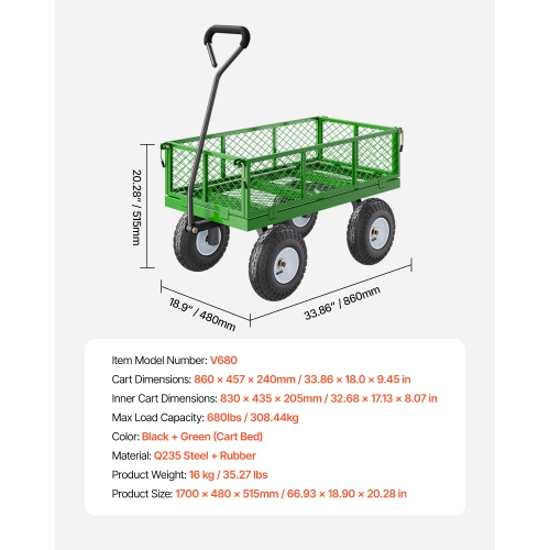 VEVOR 680lbs Steel Garden Cart on Wheels, Heavy Duty Cart Pullable, Metal Outdoor Utility Yard Wagon Carts with 10" Tires, Mesh Removable Sides and