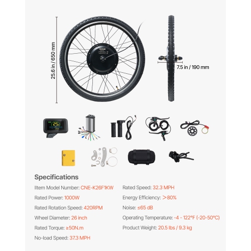 VEVOR 1000W Electric Bike Conversion Kit, 48V 420rpm 26" Front Wheel E-Bike Hub Motor Kit with Upgraded Speed Controller, Throttle Grip Kit, LCD
