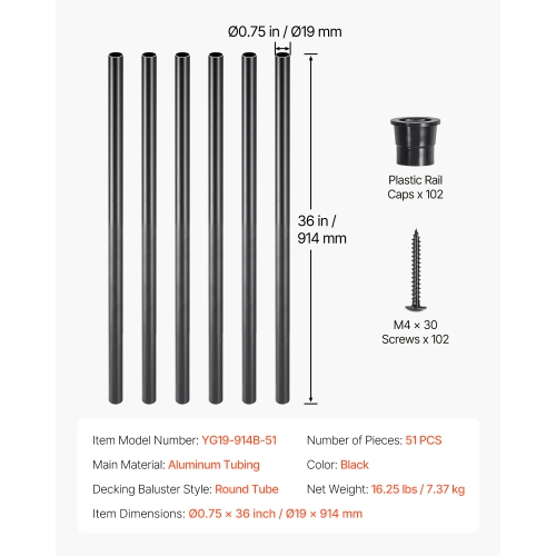 VEVOR 36in Staircase Balusters 51 Pack, Aluminum, 3/4 In Water-Proof Round Metal Spindle Railing, Hollow Deck Railing with Rail Caps & Screws for