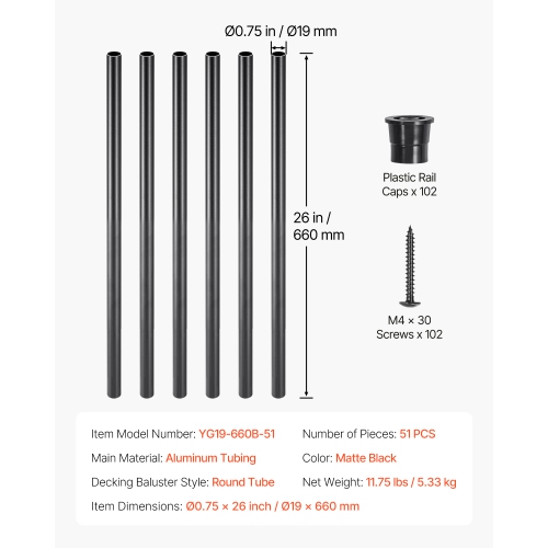 VEVOR 26in Staircase Balusters 51 Pack, Aluminum, 3/4 In Water-Proof Round Metal Spindle Railing, Hollow Railing with Rail Caps & Screws for Stairs,