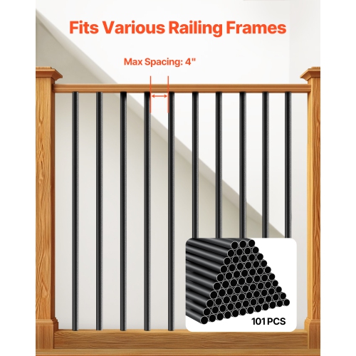 VEVOR 32 In Staircase Balusters 101 Pack, Aluminum, 3/4 In Water-Proof Round Metal Spindle Railing, with Rail Caps & Screws for Stairs, Porch, Patio,