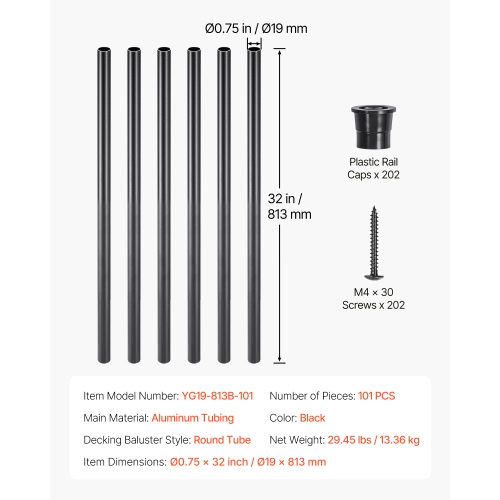 VEVOR 32 In Staircase Balusters 101 Pack, Aluminum, 3/4 In Water-Proof Round Metal Spindle Railing, with Rail Caps & Screws for Stairs, Porch, Patio,