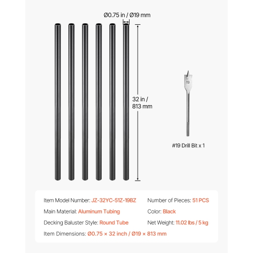 VEVOR 32in Staircase Balusters 51 Pack, Aluminum, 3/4 In Rainwater-Proof Round Metal Spindle Railing, Durable Hollow Deck Railing with 19 Drill Bit
