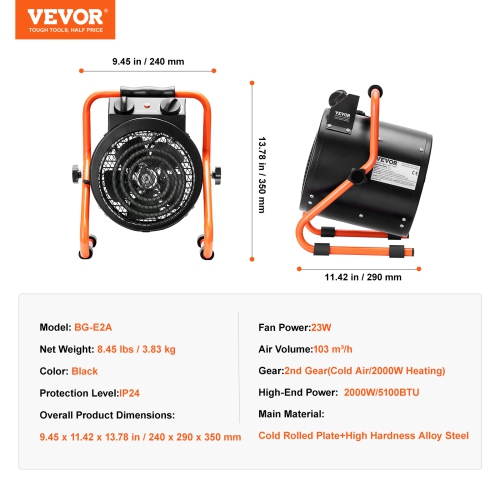 VEVOR 1500W Greenhouse Heater, Fast Heating with Overheat Protection, 2-Speed Setting, Electric Portable Heater Fan for Green House, Flower Room,