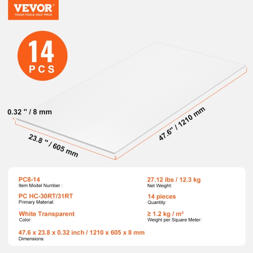 VEVOR 14 Pack Polycarbonate Greenhouse Panels, 2' X 4' X 0.32'', Waterproof UV Protected Corrugated Plastic Roofing, Impact Resistance Clear Roofing