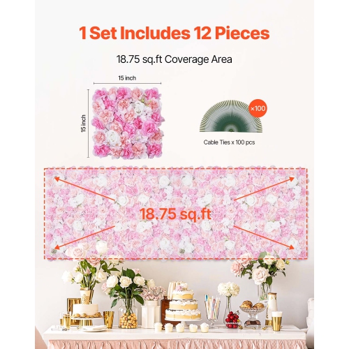 VEVOR 15 x 15inch 3D Flower Wall Panel, 12 PCS, Artificial Floral Wall Background Mesh Backing Mat,Seamless Design&Easy Installation for Wedding