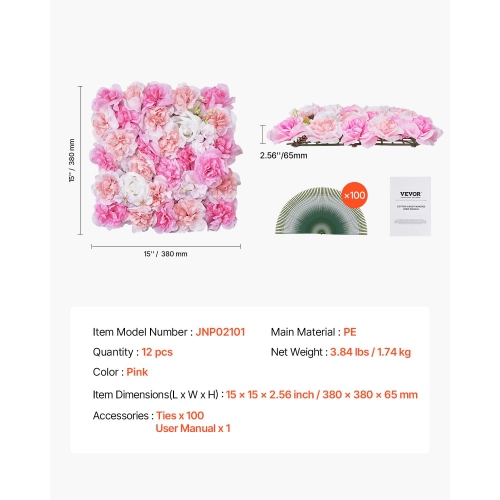 VEVOR 15 x 15inch 3D Flower Wall Panel, 12 PCS, Artificial Floral Wall Background Mesh Backing Mat,Seamless Design&Easy Installation for Wedding