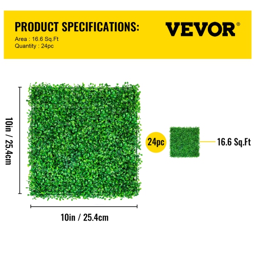 VEVOR 10" X 10" Artificial Boxwood Panel UV 24pcs Boxwood Hedge Wall Panels Artificial Grass Backdrop Wall 4 cm Green Grass Wall, Fake Hedge for