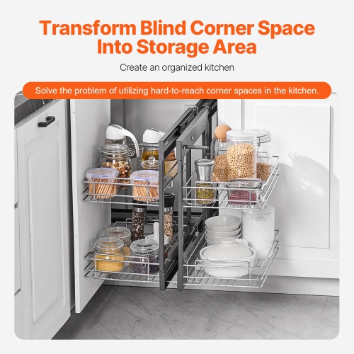 VEVOR Min 15"W Opening Blind Corner Pull Out Organizer, 2 Tier 4 Shelf Kitchen Cabinet Organizer, Chrome Carbon Steel Storage Basket, Slide Out