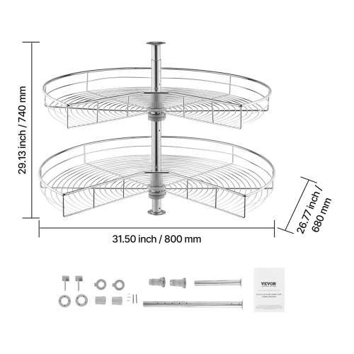 VEVOR 31.5" Kidney Shaped Chrome Corner Organizer, 360° Rotatble Kitchen Base Cabinet Blind Corner, 2 Tier Height Adjustable Storage Rack, Carbon