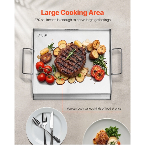 VEVOR 18x16 inch Stainless Steel Griddle, Universal Flat Top Rectangular Plate, Gas Grill Griddle for BBQ Grill, Teppanyaki, Portable Family Cookware