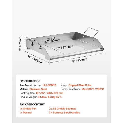 VEVOR 18x16 inch Stainless Steel Griddle, Universal Flat Top Rectangular Plate, Gas Grill Griddle for BBQ Grill, Teppanyaki, Portable Family Cookware