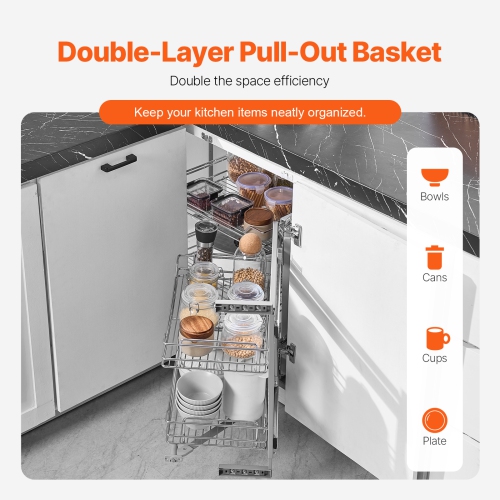 VEVOR 18"W Opening Blind Corner Pull Out Organizer, 2 Tier 4 Shelf Kitchen Cabinet Organizer, Magic Chrome Carbon Steel Storage Basket, Slide Out