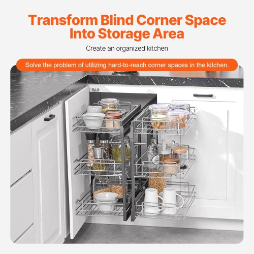 VEVOR Min 15"W Opening Blind Corner Pull Out Organizer, 3 Tier 6 Shelf Kitchen Cabinet Organizer, Chrome Carbon Steel Storage Basket, Slide Out