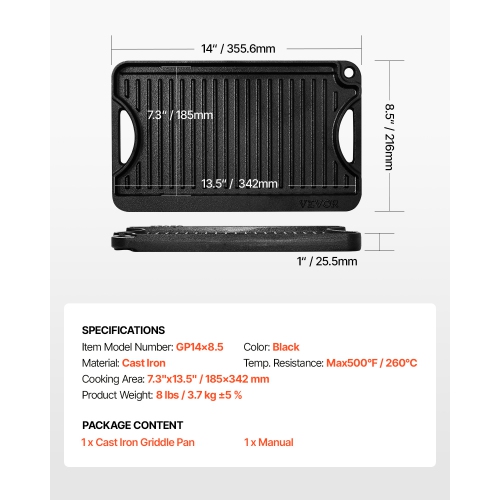 VEVOR 14x8.5 inch Reversible Grill/Griddle, Pre-Seasoned Cast Iron Griddle, Portable Rectangular Pan with Handle, Family Cookware for Indoor/Outdoor