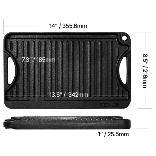 VEVOR 14x8.5 inch Reversible Grill/Griddle, Pre-Seasoned Cast Iron Griddle, Portable Rectangular Pan with Handle, Family Cookware for Indoor/Outdoor