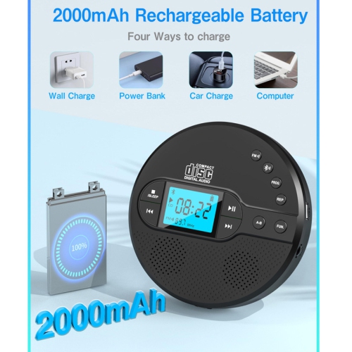 New Multi-function CD Player Retro Listening Album CD Bluetooth Player Lossless Audio with FM Transmitter and Wireless Speaker for Car 2000 mAh