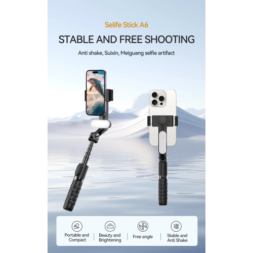 Mini mobile phone selfie stick with flash Bluetooth handle shooting aid portable shooting aid A6 smart phone gimbal video stabilizer - standard