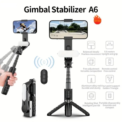 Mini mobile phone selfie stick with flash Bluetooth handle shooting aid portable shooting aid A6 smart phone gimbal video stabilizer - standard