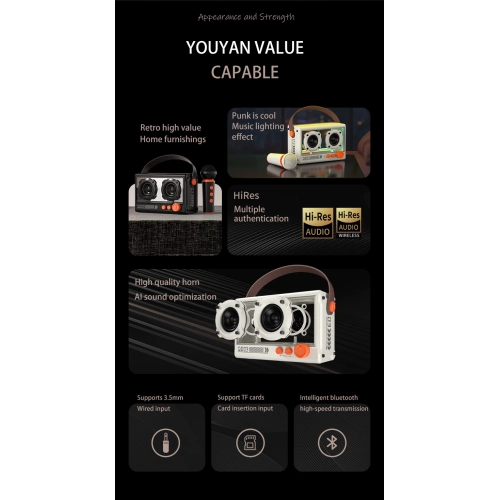 New K song Bluetooth speaker with microphone 10W transparent mecha punk style, innovative retro punk style portable - with single microphone - white