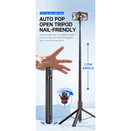 Jumping pole TT01 mobile phone selfie stick tripod floor portable - magnetic suction Bluetooth remote control *Hidden design *Open when touching the