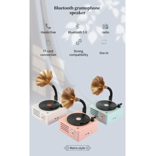 Bluetooth speaker retro vinyl record player audio, desktop wireless creative rotating speaker, retro wireless speaker - pink