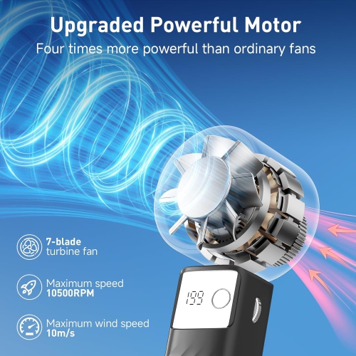 Portable handheld turbo fan, 1-199 wind speed adjustment, LED display,JF132 ice compress elegant black [ultra-high speed 199 gears + digital display
