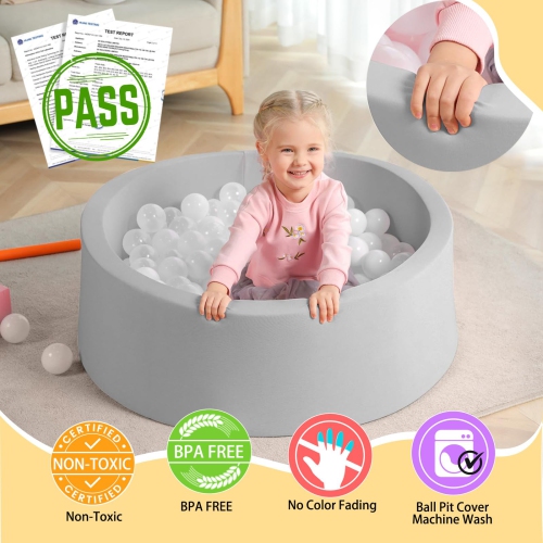 TRENDBOX Memory Foam Sponge Indoor Round Ball Pit for Toddler Children - Light Grey
