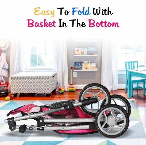 Fash N Kolor - Baby Doll Stroller with Adjustable Canopy & Toy Storage Basket - Foldable Baby Stroller for Pretend Play