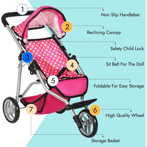 Fash N Kolor - Baby Doll Stroller with Adjustable Canopy & Toy Storage Basket - Foldable Baby Stroller for Pretend Play