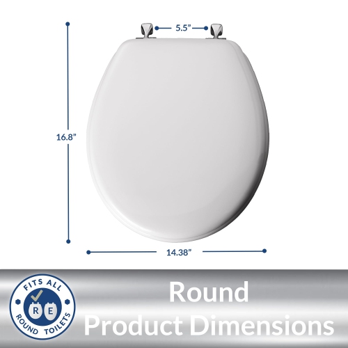 MAYFAIR 844CP 000 Edgewater Toilet Seat with Chrome Hinges Will Never Come Loose, Round, Durable Enameled Wood, White