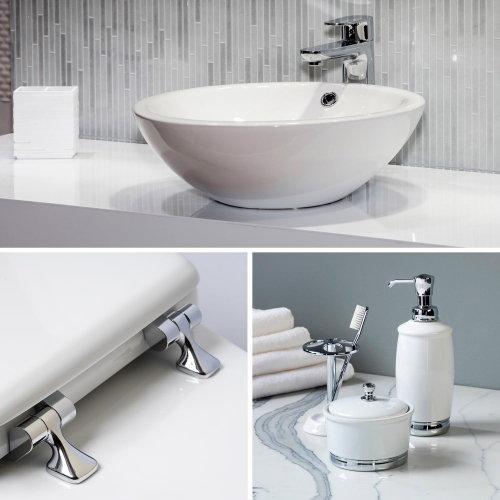 MAYFAIR 844CP 000 Edgewater Toilet Seat with Chrome Hinges Will Never Come Loose, Round, Durable Enameled Wood, White