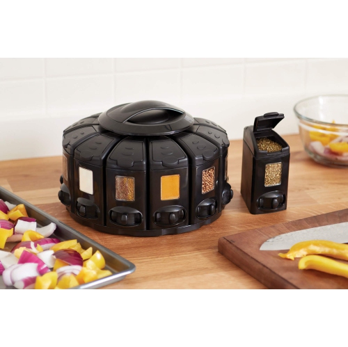 KitchenArt Spice Rack, Select-A-Spice Auto-Measure Rotating Spice Rack, Black with Lever, 12 Compartments