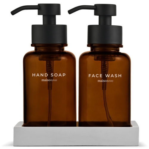 MaisoNovo Glass Foaming Soap Dispenser | 400 ml Amber Glass Black Pumps x 2 with Tray